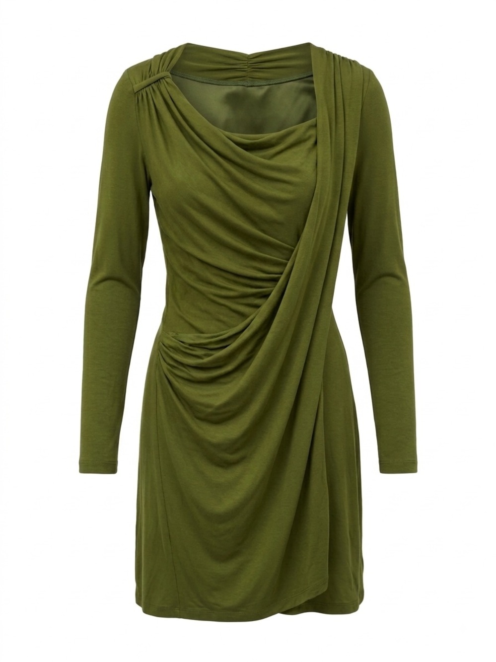Green Rayon Sheath Knee Dress Long Sleeve Cowl Neck Draped Ruched Soft M/L